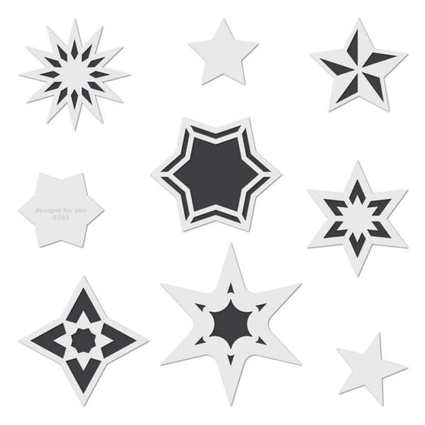 9 Silhouette Schablonen Sterne schwarz hinterlegt, damit man die Motive besser erkennt.