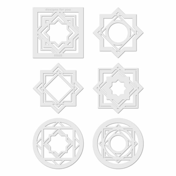 6 Schablonen Silhouetten geometrieche Formen auf weißem Untergrund.