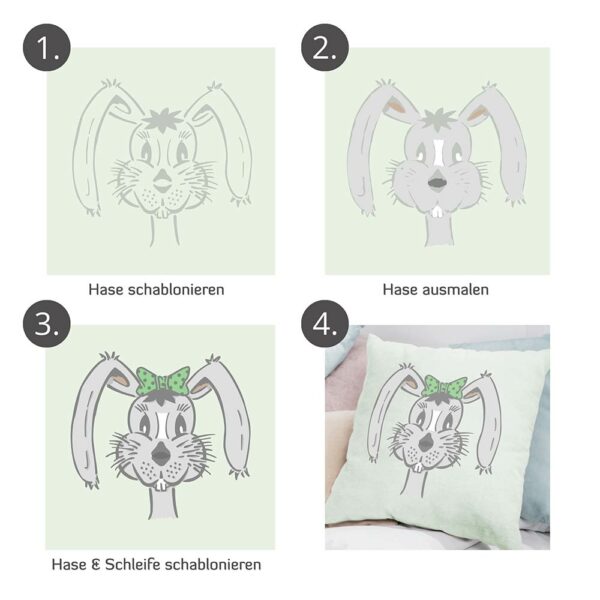 Hier ist eine Schritt für Schritt Anleitung mit 4 Abbildungen. Gezeigt wird, wie man mit der Hasen Schablone selber ein Kissen für ein Kinderzimmer gestalten kann.