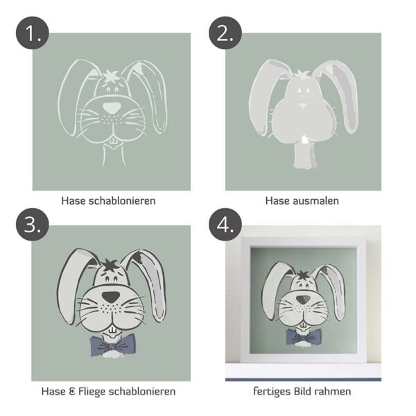 Hier ist eine Schritt für Schritt Anleitung mit 4 Abbildungen. Gezeigt wird, wie man mit der Schablone Hase selber ein Bild für ein Kinderzimmer gestalten kann.