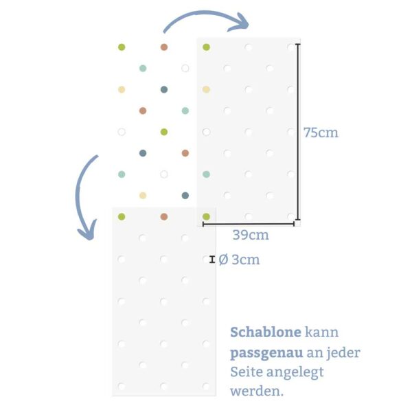 Zeichnung mit Größenangaben und Anlegetechnik der Wandschablone Kreise.