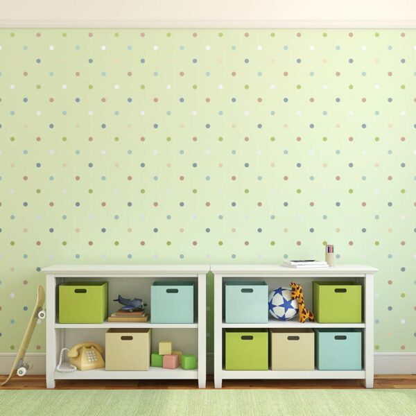 Wandgestaltungsidee eines Kinderzimmers mit der Wandschablone Kreise. Die Kreise werden hierzu in unterschiedlichen Farben auf die Wand gemalt.