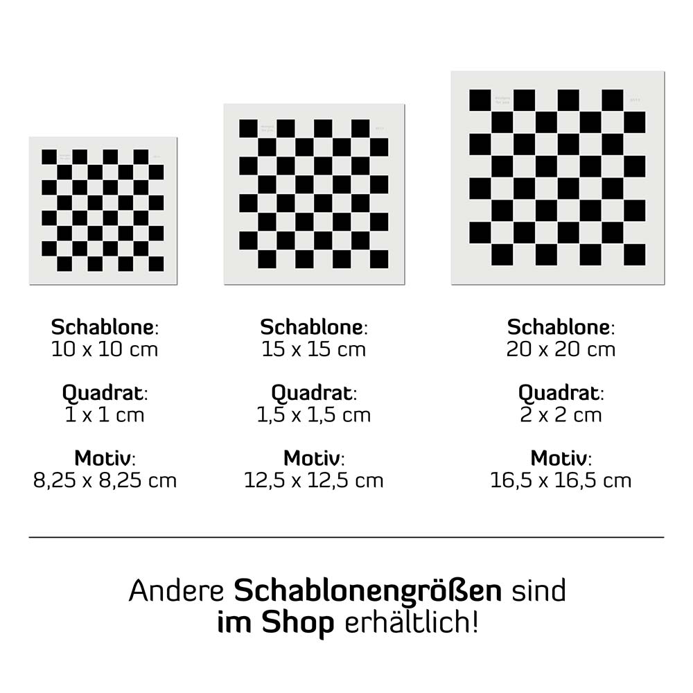 Schablone Schachbrett als Set - auf dem Bild sind Angaben wie Schablonengröße, Motivgröße und Quadratgrößen der einzelnen Schablonen.