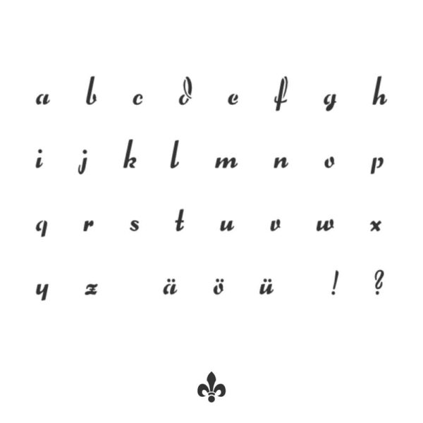 Abgebildet sind Kleinbuchstaben in schwarz von der Schablone Schriftart mit Hilfslinien.