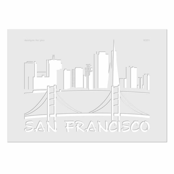 Schablone San Francisco vor weißem Hintergrund. Auf der Schablone ist die Skyline von San Francisco zu sehen.
