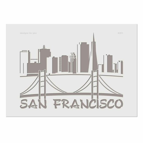 Schablone San Francisco vor farbigen Untergrund. Auf der Schablone ist die Skyline von San Francisco zu sehen.